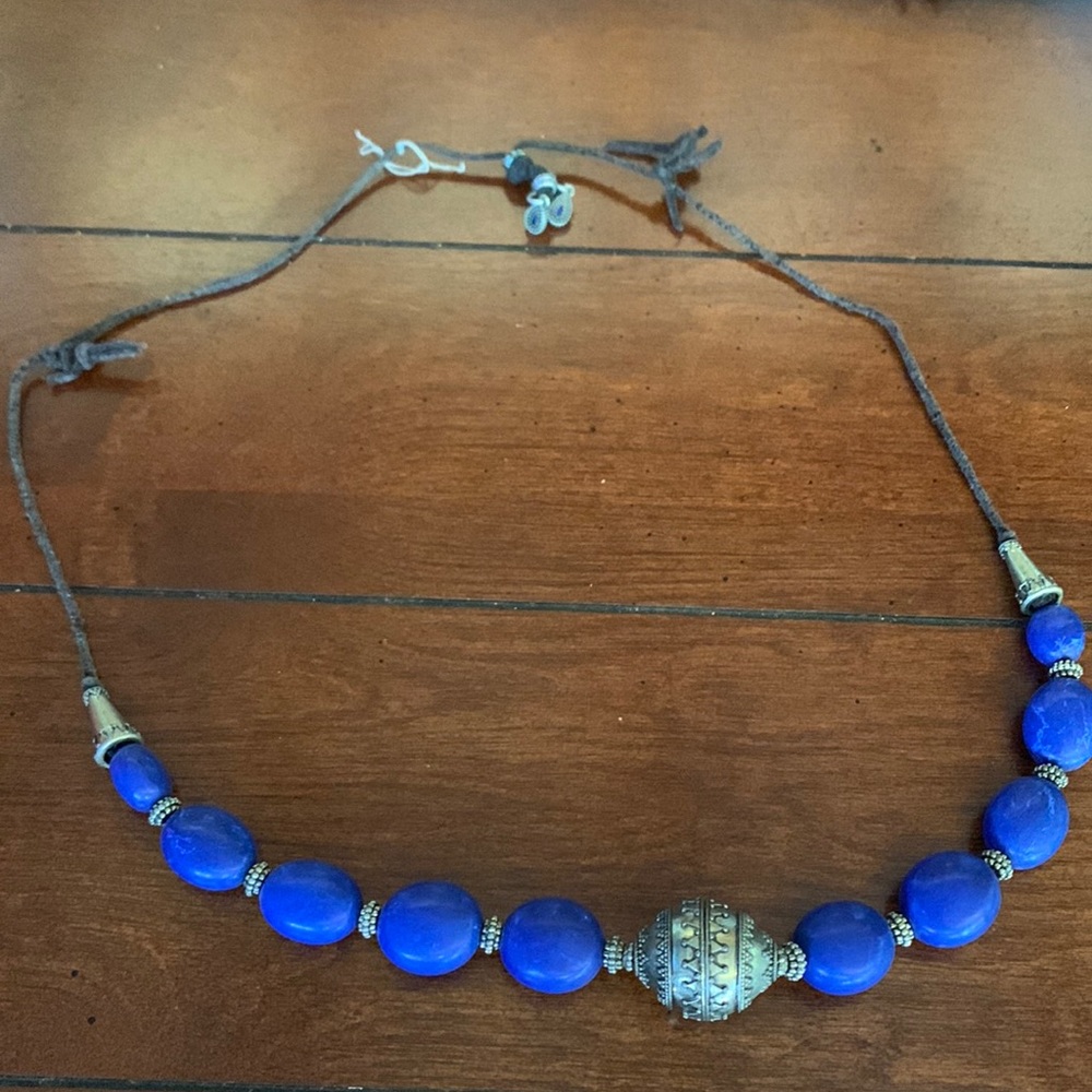 Blue & silver colored dreaded necklace on cord